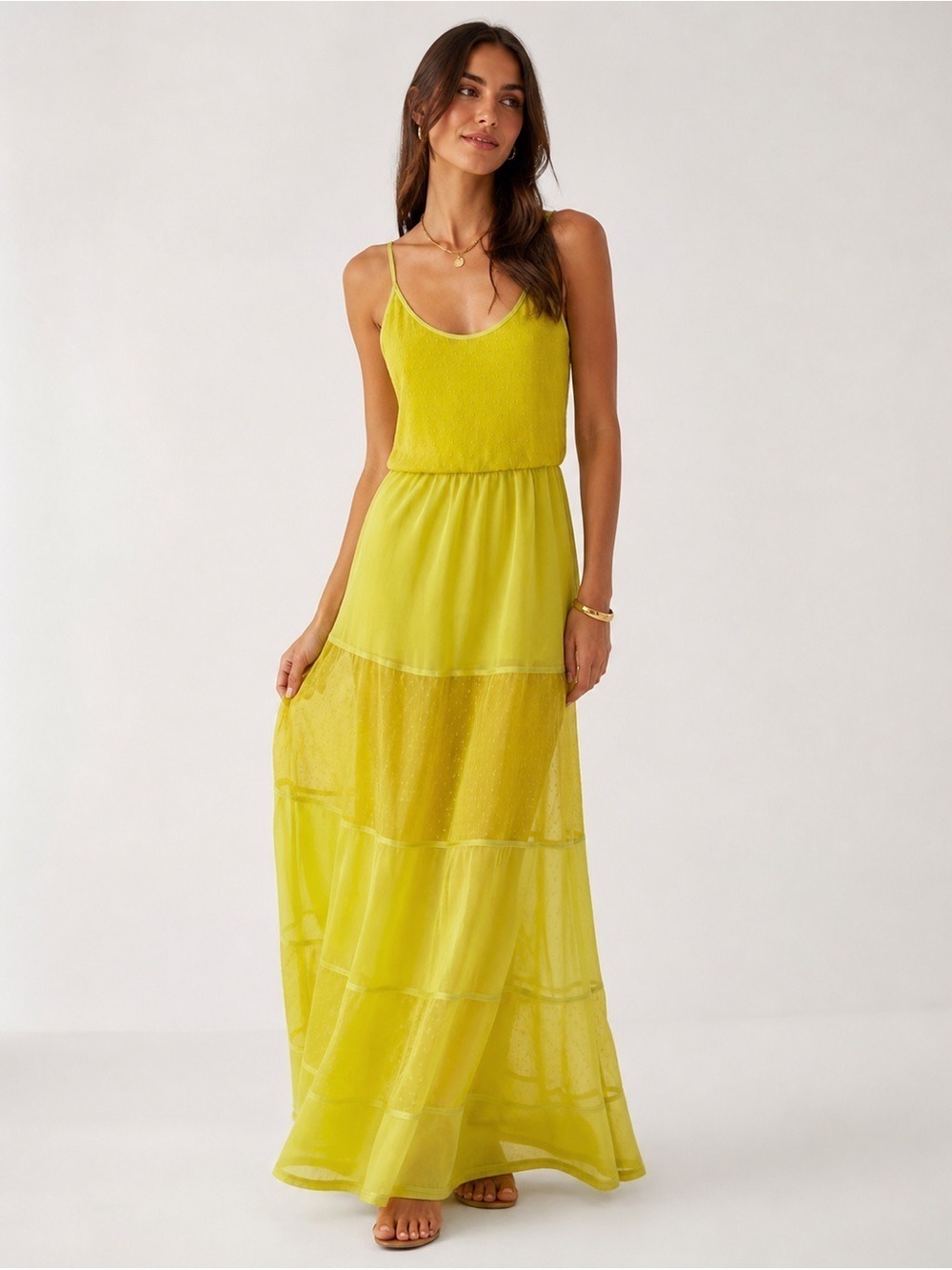 Dress The Population Yellow Swiss Dot Maxi Dress Sz Small